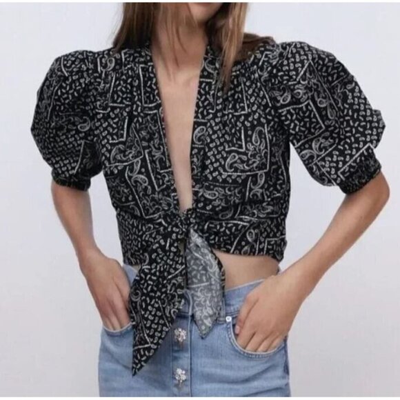 Zara Womens Small Gray Paisley Bandana Print Tie Front Cropped Puff Sleeve Boho - Picture 1 of 8